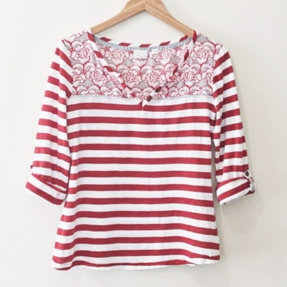 Anthropologie Postmark Red Floral Striped Henley - Picture 2 of 8
